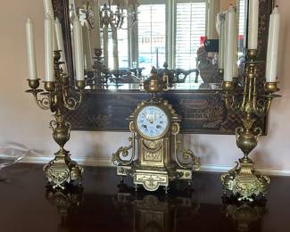 Gilt Metal French Clock Porcelain Face ( with Key) , pair of Candelabras, 