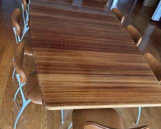 Custom made Zebra wood dining room table and Shelby Williams dining room chairs