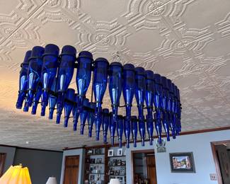 Custom made Blue Bottle Chandelier with lights