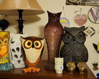 Huge Blenko glass owl and other owls.