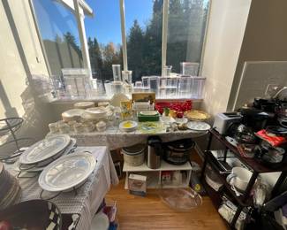 Serving dishes, kitchen storage containers, Austrian China, coffee makers, microwave, waffle makers, crockpots