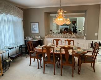 Harden Wood Dining Table + 8 chairs. Barware and China