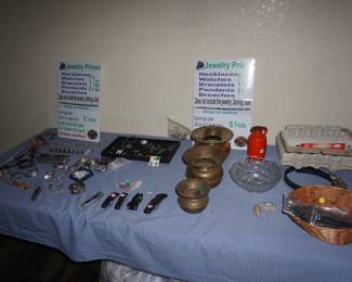 jewelry, knives, egg cartons, bowl, brass spittoons