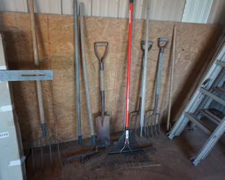 rakes, shovel, pitchfork