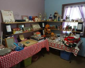 decor, CDs, DVDs, VHS, office supplies, tea set