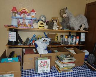 toys, books, paint, paint brushes