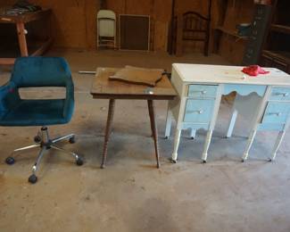 vanity, desk chair, twist leg table
