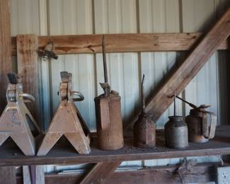 oil cans, jack stands