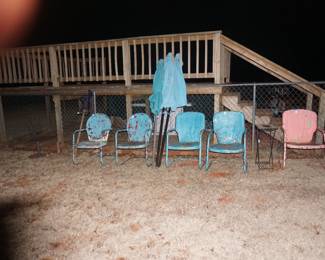 metal lawn chairs, outdoor umbrellas