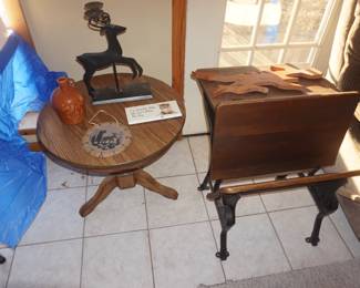 round table, vintage school desk