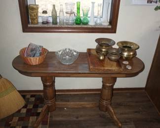 sofa table, brass spittoon