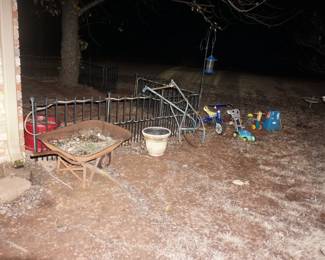 yard art, kids riding tools, flower pots