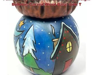 Lot 617 STICKS by SARAH GRANT Hand Painted Candlestick. Winter Snowy design. Bulbous Carved Wood Base with T