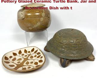 Lot 1074 3pc Pottery modern design. Studio Pottery Glazed Ceramic Turtle Bank. Jar and Decorative Dish with t