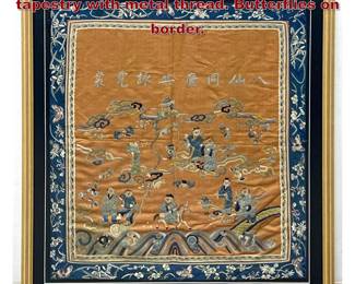 Lot 975 Framed Chinese embroidered tapestry with metal thread. Butterflies on border. 