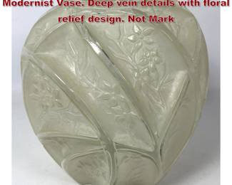Lot 783 Frosted and Clear Molded Glass Modernist Vase. Deep vein details with floral relief design. Not Mark