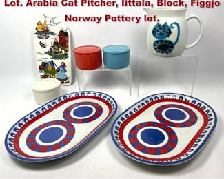 Lot 1021 7pc Mid Century Kitchen Design Lot. Arabia Cat Pitcher, Iittala, Block, Figgjo Norway Pottery lot.