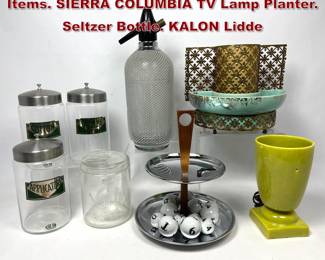 Lot 1025 Collection of Mid Century Modern Items. SIERRA COLUMBIA TV Lamp Planter. Seltzer Bottle. KALON Lidde