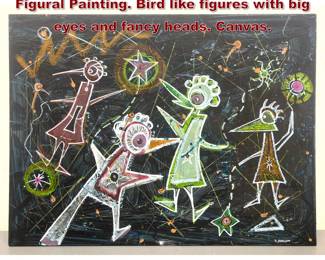 Lot 984 DENNIS SAKELSON Modernist Figural Painting. Bird like figures with big eyes and fancy heads. Canvas.