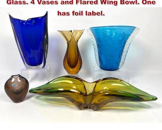 Lot 1069 5pc Mid Century Modern Colored Glass. 4 Vases and Flared Wing Bowl. One has foil label. 