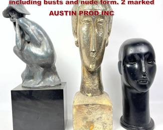 Lot 1028 3pc Figural modern Sculptures including busts and nude form. 2 marked AUSTIN PROD INC