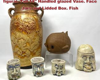 Lot 1080 6pc Ceramic modern Lot. Mostly figural. Tall 18 Handled glazed Vase. Face Jars and Lidded Box. Fish
