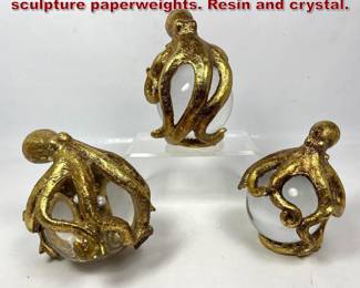 Lot 1066 Set 3 Glass Ball and Octopus sculpture paperweights. Resin and crystal. 