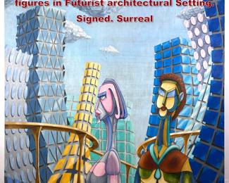 Lot 859 T. Blaney Modernist Painting. Two figures in Futurist architectural Setting. Signed. Surreal