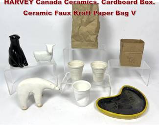 Lot 1077 9pc modern pottery lot. MICHEL HARVEY Canada Ceramics. Cardboard Box. Ceramic Faux Kraft Paper Bag V
