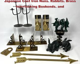 Lot 1054 Large Shelf Lot. Modernist Metal. Japanese Cast Iron Nuns. Rabbits. Brass Interlocking Bookends. and