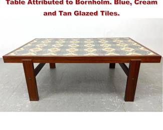 Lot 993 Danish Modern Rosewood Tile Top Table Attributed to Bornholm. Blue, Cream and Tan Glazed Tiles. 