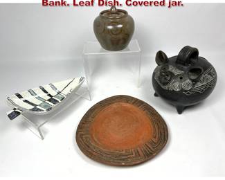Lot 1081 4pc pottery Lot. Vintage Piggy Bank. Leaf Dish. Covered jar. 