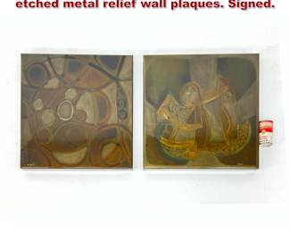 Lot 720 Pair Silvio Giovanetti 1972 acid etched metal relief wall plaques. Signed.