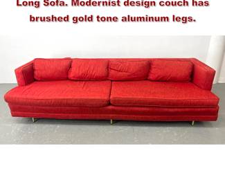 Lot 951 Edward Wormley Style Even Arm Long Sofa. Modernist design couch has brushed gold tone aluminum legs.
