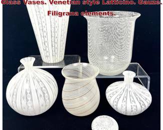 Lot 790 6pc Collection Italian Murano Art Glass Vases. Venetian style Latticino. Gauze. Filigrana elements.