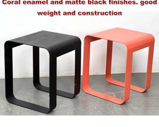 Lot 750 2pc Iron Modernist Bench Stools. Coral enamel and matte black finishes. good weight and construction