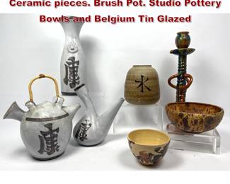Lot 1068 7pc Ceramics Lot. 3 Japanese Ceramic pieces. Brush Pot. Studio Pottery Bowls and Belgium Tin Glazed 