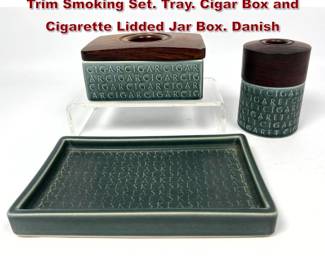 Lot 646 3pc KRONJYDEN Porcelain Teak Trim Smoking Set. Tray. Cigar Box and Cigarette Lidded Jar Box. Danish 