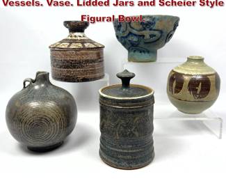 Lot 896 Studio Pottery Glazed Ceramic Vessels. Vase. Lidded Jars and Scheier Style Figural Bowl. 