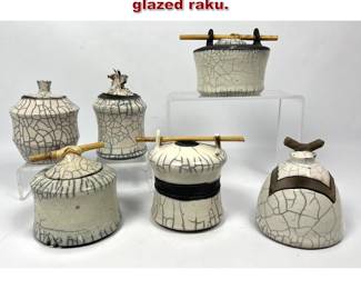 Lot 900 6pcs Signed Studio Pottery. White glazed raku. 