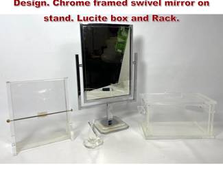 Lot 966 3pc Lucite Mid Century Modern Design. Chrome framed swivel mirror on stand. Lucite box and Rack. 