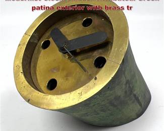 Lot 623 Green Oxidized Patina Bronze Modernist Clock. Aubock Attributed. Green patina exterior with brass tr