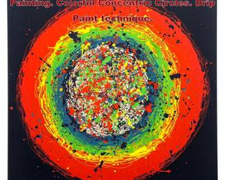 Lot 853 Large Mid Century Abstract Target Painting. Colorful Concentric Circles. Drip Paint technique. 