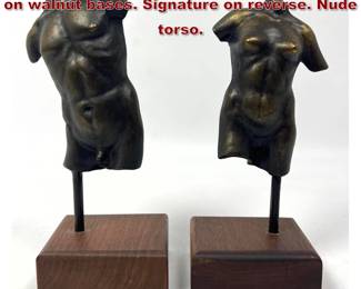 Lot 669 Bronze Nelles 1981 torso sculptures on walnut bases. Signature on reverse. Nude torso.