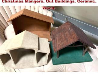 Lot 1041 3pc Mid Century Modern Nativity Christmas Mangers. Out Buildings. Ceramic. Wood.