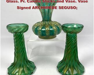 Lot 776 3pc SEGUSO Murano Italy Italian Art Glass. Pr. Candle Sticks and Vase. Vase Signed ARCHIMEDE SEGUSO