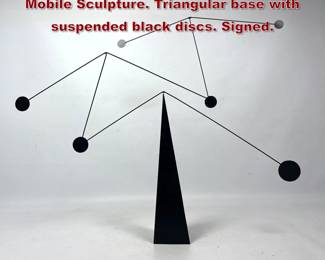 Lot 812 SCOTT CUPP Modernist Kinetic Mobile Sculpture. Triangular base with suspended black discs. Signed. 
