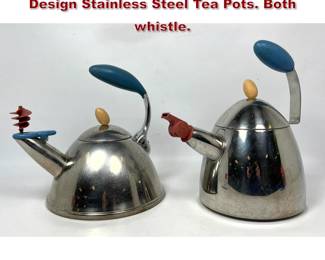 Lot 1040 2pc Michael Graves Post Modern Design Stainless Steel Tea Pots. Both whistle. 