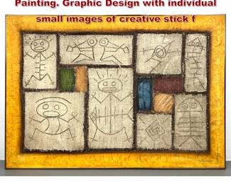 Lot 989 JOSE ELIAS Large Modernist Painting. Graphic Design with individual small images of creative stick f