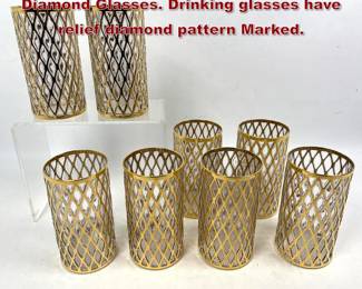 Lot 795 Set 8 IMPERIAL GLASS 22k Gold Diamond Glasses. Drinking glasses have relief diamond pattern Marked. 
